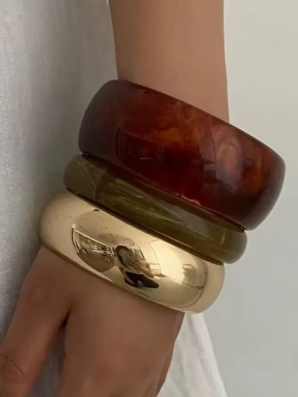 Stackable Chunky Bangle Bracelet Set - Brown, Olive, Gold - Minor Flaw - #1075